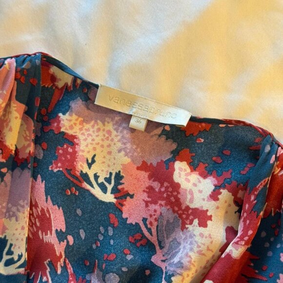 Vanessa Bruno Navy Blue Multi-Color Floral Print V-Neck Dress - Picture 2 of 6